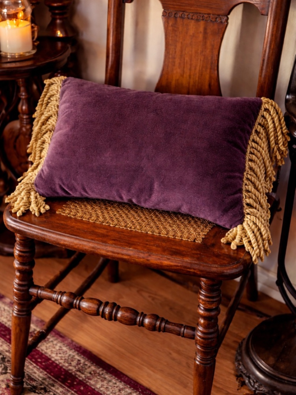 Vintage Purplish-Brown Rectangle Pillow with Corded Fringe